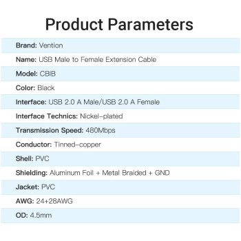 Vention USB 2.0 A Male to A Female Extension Cable (USB 2.0 Extension, 5 Meter)