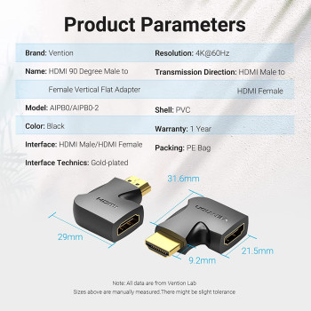 Vention HDMI 2.0 Male to HDMI Female Connector 4k@60Hz gold plated AIPB0-2 (Pack of 2, 90 Degree Vertical)