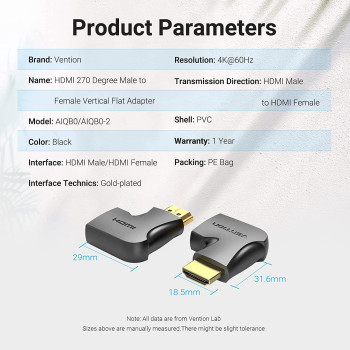 Vention HDMI 2.0 Male to HDMI Female Connector 4k@60Hz gold plated AIQB0-2 (Pack of 2, 270 Degree Vertical)