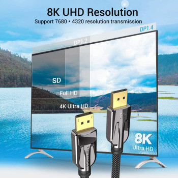 VENTION DisplayPort Cable DP Male to Male HD Cable 8K@60HZ / 4K@144HZ, Nylon Braided