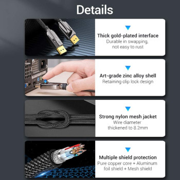 VENTION DisplayPort Cable DP Male to Male HD Cable 8K@60HZ / 4K@144HZ, Nylon Braided