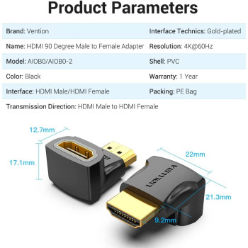 Vention HDMI 2.0 Male to HDMI Female Connector 4k@60Hz gold plated interface AIOB0-2 (Pack of 2, 90 Degree Horizontal)