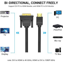 Vention HDMI to DVI Cable, Bi Directional DVI-D 24+1 Male to HDMI Male High Speed Adapter Cable Support 1080P Full HD Compatible for Raspberry Pi, Roku, Xbox One, Laptop etc (1m)