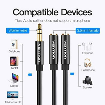 Vention Headphone Splitter Cable, 3.5mm Male to 2 Dual 3.5mm Female Earphone Audio Y Splitter Cable for Phones, Headphones, Speakers, Tablets, PCs, MP3 Players BBSBY (Dual earphones)