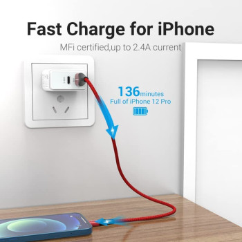 Vention MFi certified USB Cable, Phone Charger Cable, 2.4A Nylon High Speed Data Sync For iOS devices (1m, USB 2.0 to Lightning, Red)