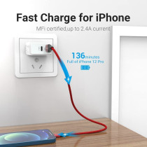 Vention MFi certified USB Cable, Phone Charger Cable, 2.4A Nylon High Speed Data Sync For iOS devices (1m, USB 2.0 to Lightning, Red)