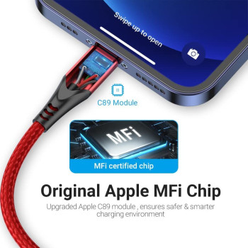 Vention MFi certified USB Cable, Phone Charger Cable, 2.4A Nylon High Speed Data Sync For iOS devices (1m, USB 2.0 to Lightning, Red)