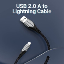 Vention MFi certified USB Cable, Phone Charger Cable, 2.4A Nylon High Speed Data Sync For iOS devices (2m, USB 2.0 to Lightning, Grey)