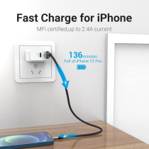 Vention MFi certified USB Cable, Phone Charger Cable, 2.4A Nylon High Speed Data Sync For iOS devices (2m, USB 2.0 to Lightning, Grey)