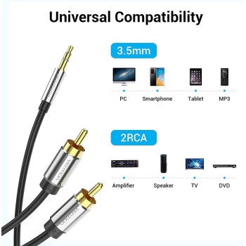 Vention RCA Audio Cable 3.5mm to 2 RCA Y-Splitter Stereo Cable 2 RCA Phono Male Compatible with DJ Controller Speaker TV Car Stereo Hi-Fi Amplifier Smartphones MP3 Tablets (RCA Audio Cable, 1M)