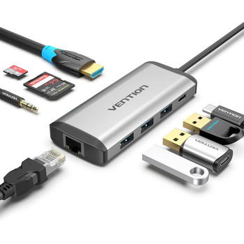 Vention USB C Hub, USB-C Adapter for MacBook, Laptop, Galaxy S20+ ,iPad Pro, and More Type C Devices (9 in 1 - THAHB)