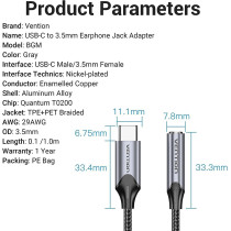 Vention USB C to 3.5mm Jack Earphone Headphone AUX Adapter with DAC Chip Compatible with iPad Pro Pixel 2 XL Samsung Galaxy S21 S20 Ultra S20+ Note 20 10 S10 ((USB C to 3.5mm Earphone, 1 Meter)
