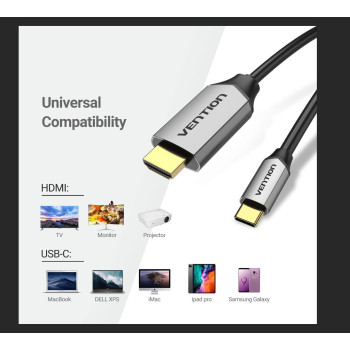 Vention USB C to HDMI Cable 4K@60Hz, Gold-plated connectors, aluminum casing for iPad MacBook Pro/Air iMac Galaxy S20 S10 Surface Book 2 TV and More (CGSB, 1 Meter)
