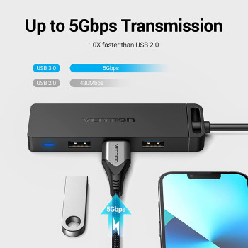 Vention USB Hub - USB C to USB 3.0 Hub with 4 Ports and 15 cm Extended Cable Ultra Slim USB Splitter for MacBook Mac Pro Surface Pro PS4 XPS PC Flash Drive