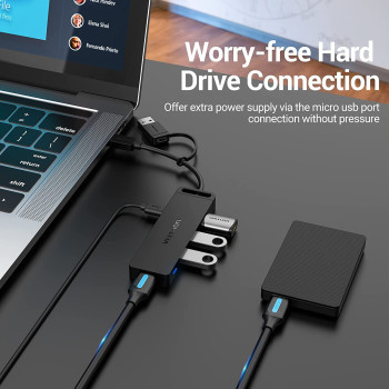 Vention USB Hub - USB C to USB 3.0 Hub with 4 Ports and 15 cm Extended Cable Ultra Slim USB Splitter for MacBook Mac Pro Surface Pro PS4 XPS PC Flash Drive