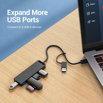 Vention USB Hub - USB C to USB 3.0 Hub with 4 Ports and 15 cm Extended Cable Ultra Slim USB Splitter for MacBook Mac Pro Surface Pro PS4 XPS PC Flash Drive
