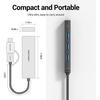 Vention USB Hub - USB C to USB 3.0 Hub with 4 Ports and 15 cm Extended Cable Ultra Slim USB Splitter for MacBook Mac Pro Surface Pro PS4 XPS PC Flash Drive