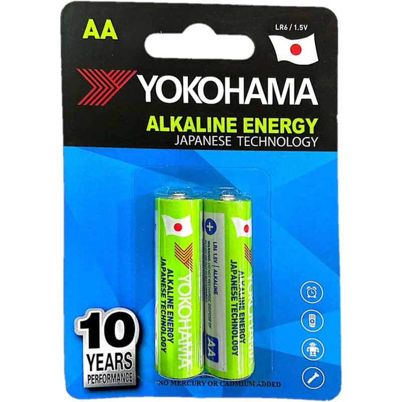 YOKOHAMA - AA 1.5V Alkaline Energy Long Lasting Power - Pack of 2 Batteries - 10 Years Shelf Life