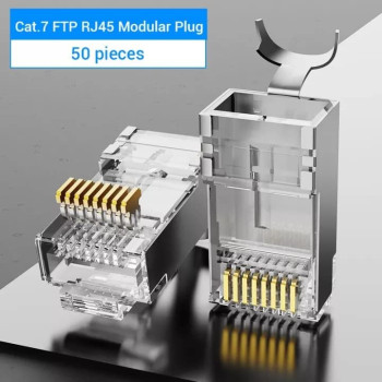 Vention Cat7 RJ45 Ethernet Connector with Nickel-Plated Shielded, 600MHz 10Gbps High-Speed 8P8C RJ45 Ends, RJ45 Modular Plug with 50U'' Gold-Plated Contacts and Cable Clip (Cat.7 FTP, Pack of 50)