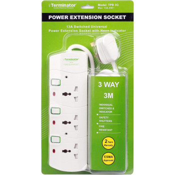 Terminator 3 way Universal Power Extension Socket, White color body & cable with individual switch 13a Fused plug.