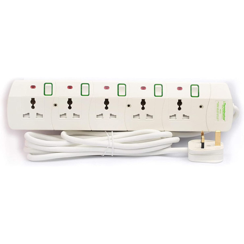 Terminator 5 way Universal Power Extension Socket, White color body & cable with individual switch 13A Fused plug.