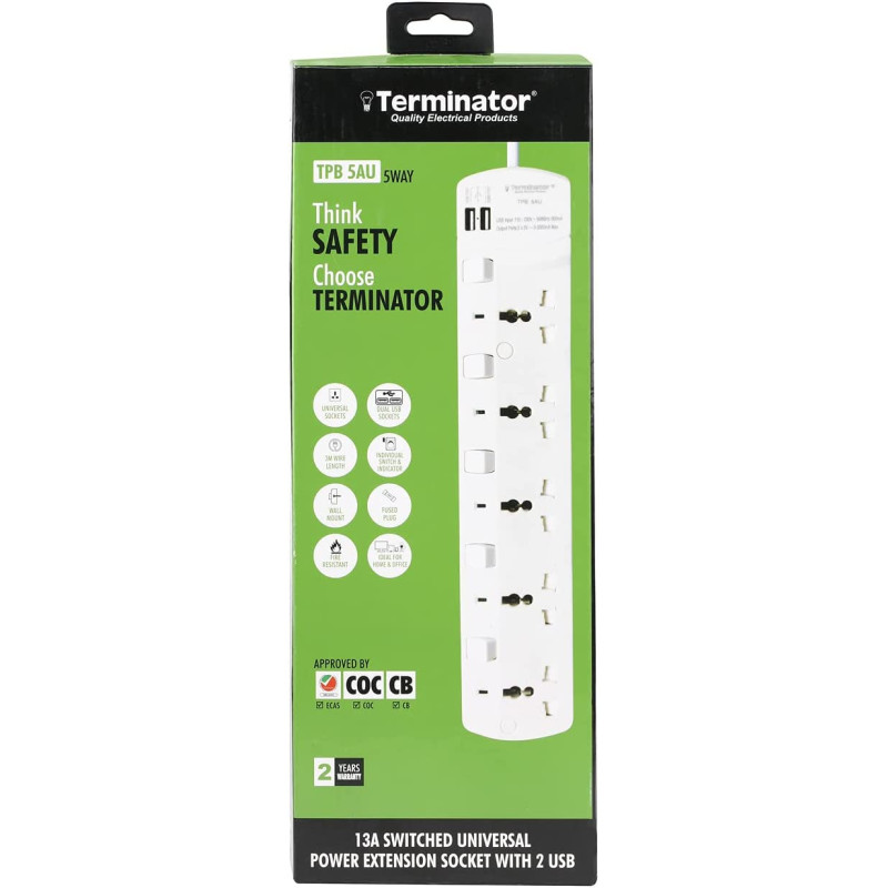 Terminator 5 Way Universal Power Extension with 2 USB option - TPB 5AU