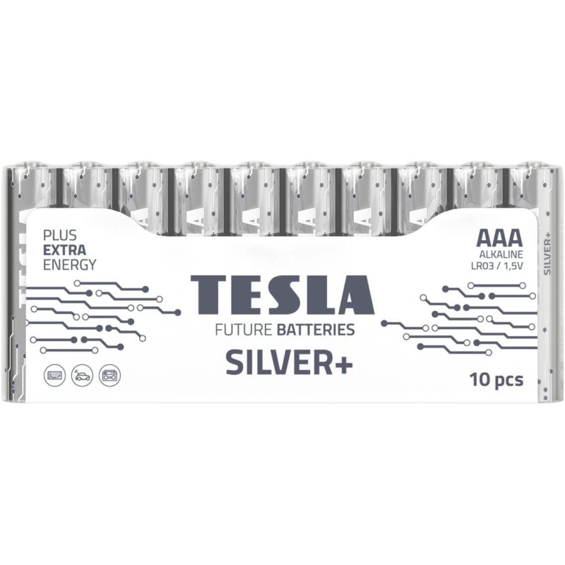 Tesla AAA Battery Silver+ Alkaline - Plus Extra Energy Shrink Foil LR03/1.5V Pack of 10