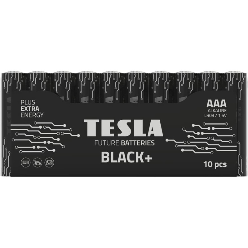 Tesla AAA Battery Black+ Alkaline - Plus Extra Energy Batteries Shrink Foil LR03/1.5V Pack of 10