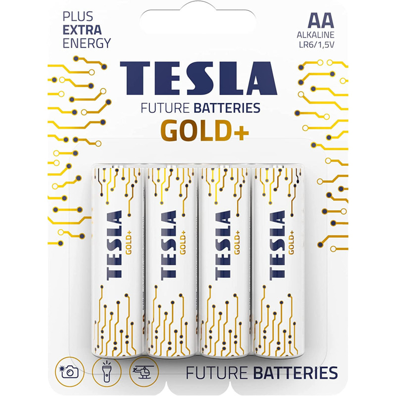 Tesla AA Battery Gold+ Alkaline - Plus Extra Energy Blister Foil LR6/1.5V Pack of 4