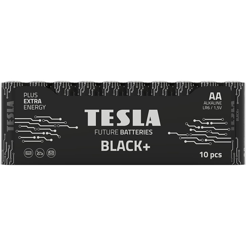 Tesla AA Battery Black+ Alkaline - Plus Extra Energy Batteries Shrink Foil LR6/1.5V Pack of 10