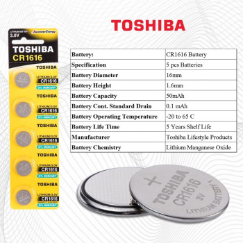 Toshiba CR1616 3V Lithium Coin Cell Battery Pack of 5 batteries