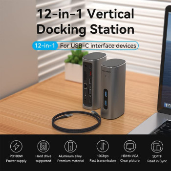 Vention 12 In 1 Vertical Hub Docking Station Pd 100W Type-C To 4K Hdmi, Vga, Usb 3.1 Gen 2, Usb3.0X2, Rj45 Sd/Tf, Trrs 3.5Mm Pd/Dc Adapter, Aluminum Alloy Type (12 In 1 - Tpjh0-Uk)