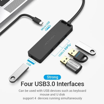 VENTION 4-Port USB 3.0 Hub Ultra-Slim Data USB Splitter [Charging Supported] Compatible with MacBook, Laptop, Surface Pro, PC, Flash Drive, Mobile HDD (USB C)