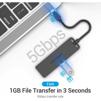 VENTION 4-Port USB 3.0 Hub Ultra-Slim Data USB Splitter [Charging Supported] Compatible with MacBook, Laptop, Surface Pro, PC, Flash Drive, Mobile HDD (USB C)