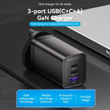 Vention 65W GaN USB C Charger 3 Ports (C+C+A) PPS PD Fast Charger QC 4.0 3.0 Wall Charger Power Adapter for MacBook iPad Pro Air, Dell XPS, iPhone Pro Max, Galaxy S22 S20 Note 20, Pixel (FEDB0-UK)