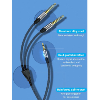VENTION 3.5mm to Dual 6.5mm Audio Cable 26AWG TRS 3.5mm Male to TS 6.5mm Male AUX Cable for Guitar, Mixer, Amplifier, Speaker Gold-Plated Connector (3.5mm to 2X 6.5mm)