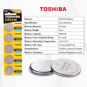 Toshiba 3V Lithium Coin Cell Battery, CR2430, Pack of 5
