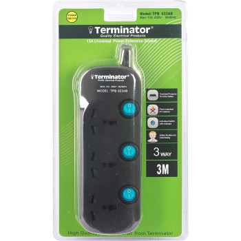 Terminator 3 Way Black Universal Power Extension Socket