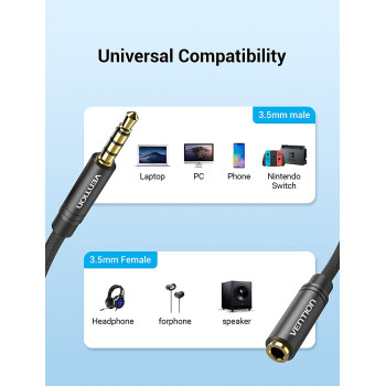 VENTION 3.5mm Audio Mic Extension Cable,VENTION Headphone Extension Cable 4 pole 3.5mm audio extension cable Stereo audio cable, gold-plated interface nylon braided cable, for headset/TV/laptop