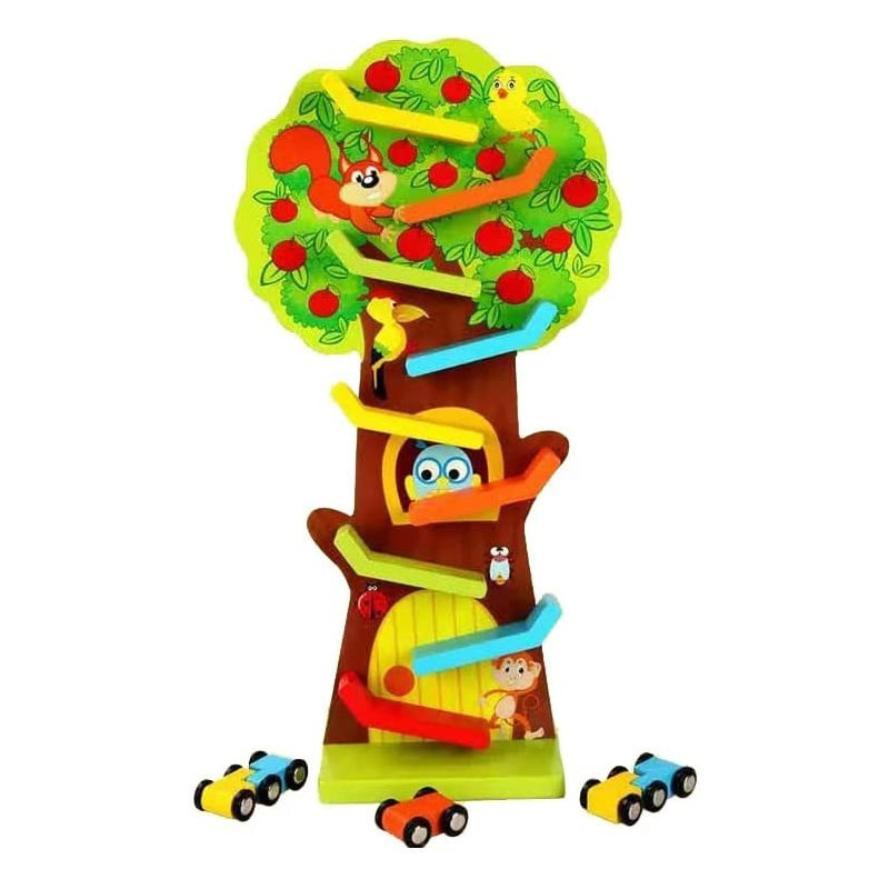 BUY4LESS - Wooden Squirrel Taxiway Race Track With 3 Cars Fruit Tree Gliding Car Toy - Early Learning Educational Wooden Toy Preschool Kids Funny Toys Sensory Toys For Children