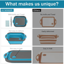 Hi Ninger Camping Cutting Board, Hi Ninger Collapsible Cutting Board with Knife and Towel Foldable Camping Dishes Sink Space Saving 3 in 1 Multifunction Storage Basket for BBQ Prep/Picnic/Camping Sink - Blue grey