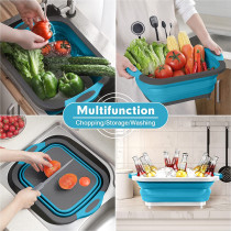 Hi Ninger Camping Cutting Board, Hi Ninger Collapsible Cutting Board with Knife and Towel Foldable Camping Dishes Sink Space Saving 3 in 1 Multifunction Storage Basket for BBQ Prep/Picnic/Camping Sink - Blue grey