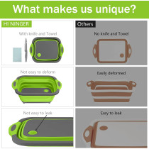 Hi Ninger Camping Cutting Board, Hi Ninger Collapsible Cutting Board with Knife and Towel Foldable Camping Dishes Sink Space Saving 3 in 1 Multifunction Storage Basket for BBQ Prep/Picnic/Camping Sink - Light Green