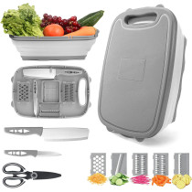 Hi Ninger Collapsible Cutting Board, Hi Ninger Foldable Chopping Board with Colander, 9-In-1 Multi Chopping Board Kitchen Vegetable Washing Basket Silicone Dish Tub for Camping, Picnic, BBQ, Kitchen-Gray