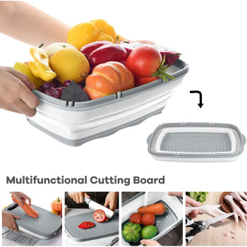 Hi Ninger Collapsible Cutting Board, Hi Ninger Foldable Chopping Board with Colander, 9-In-1 Multi Chopping Board Kitchen Vegetable Washing Basket Silicone Dish Tub for Camping, Picnic, BBQ, Kitchen-Gray