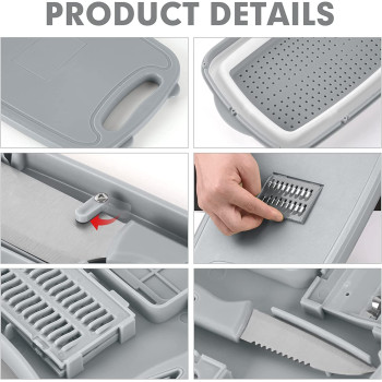 Hi Ninger Collapsible Cutting Board, Hi Ninger Foldable Chopping Board with Colander, 9-In-1 Multi Chopping Board Kitchen Vegetable Washing Basket Silicone Dish Tub for Camping, Picnic, BBQ, Kitchen-Gray