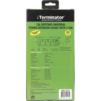 Terminator Extension 3G/3M + 2 Usb Tpb 3Au Universal Socket W/Individual Switches & Indicators Terminator, Multicolor, Trz-Tpb 3Au, Extension Socket