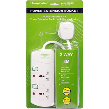 Terminator Terminator 2 way Universal Power Extension Socket, 3M 3X1.25MM2, White color body & cable with individual switch 13a Fused plug.