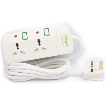Terminator Terminator 2 way Universal Power Extension Socket, 3M 3X1.25MM2, White color body & cable with individual switch 13a Fused plug.