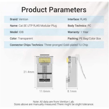 Vention Ethernet Network Accessories RJ45 Modular Plug (Cat.5E UTP, Pack of 100)